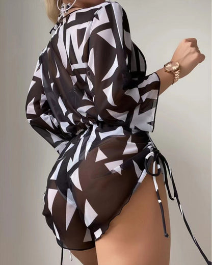 Three Piece Bikini Leaves Printed Set