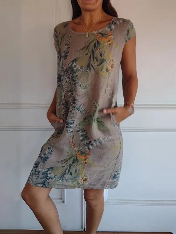 Cotton Linen Printed Dress w/ Pockets