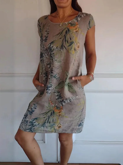 Cotton Linen Printed Dress w/ Pockets