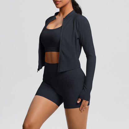 Jacket, Yoga Bra, Pocket Shorts Three Piece Set