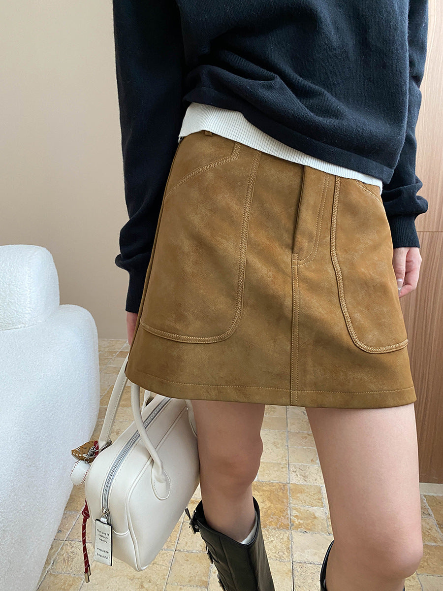 Faux Suede Large Pocket A-line Skirt