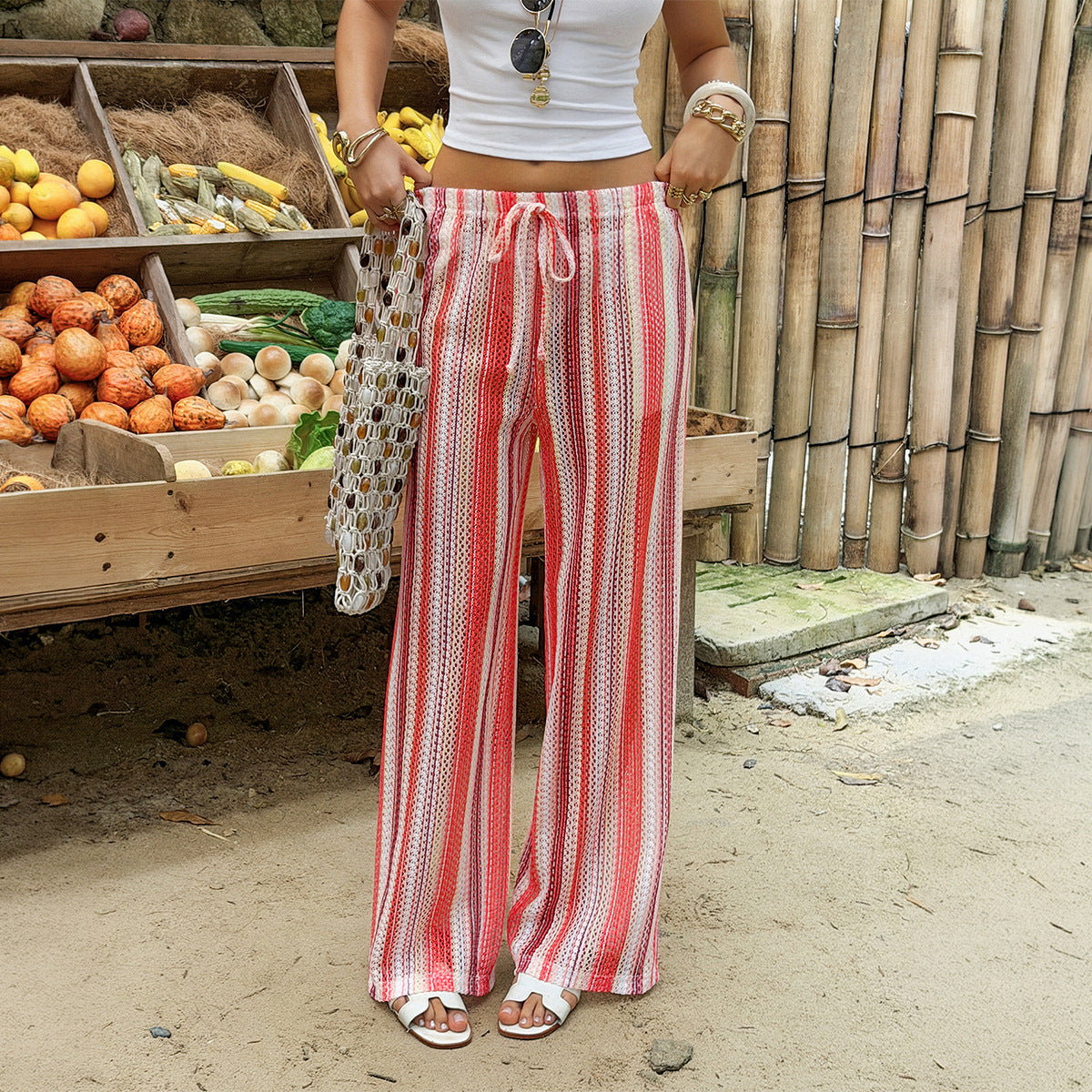 Bohemian Striped Cutout Wide Leg Pants
