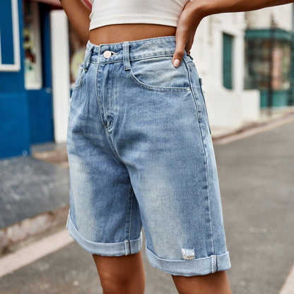 Loose Ripped Five Point Denim Shorts