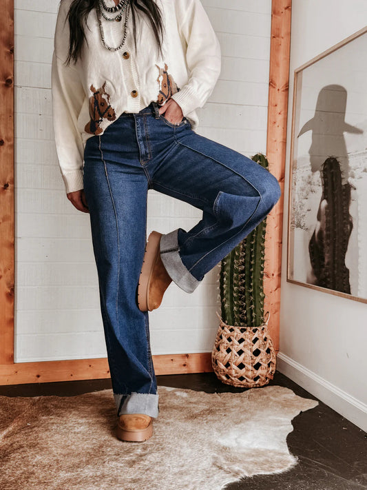 Washed Out Elastic Mid Waist Straight Cuffed Jeans