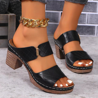 Open Toe Chunky Heel Embossed Sandals