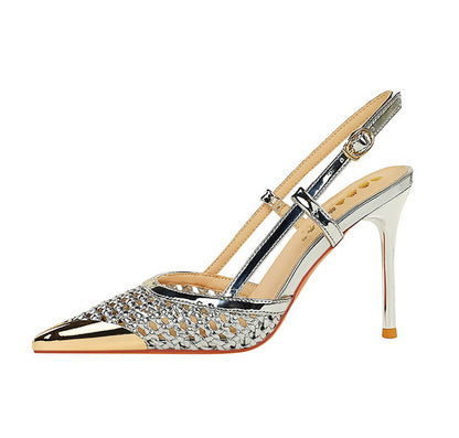 Woven Metal Pointed Toe Strap Stilettos
