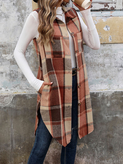 Sleeveless Collared Mid Length Plaid Vest