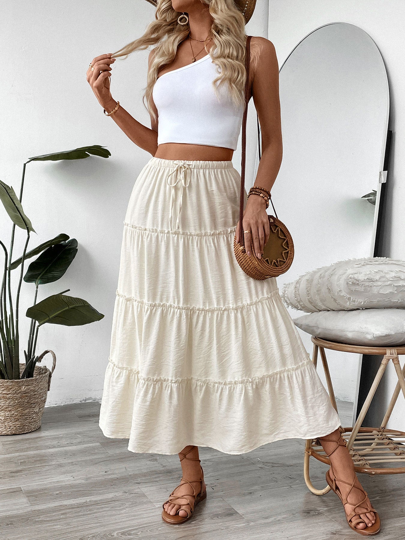 Ivory Tiered Midi Skirt