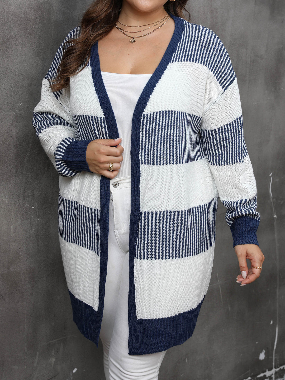Navy Striped Open Cardigan