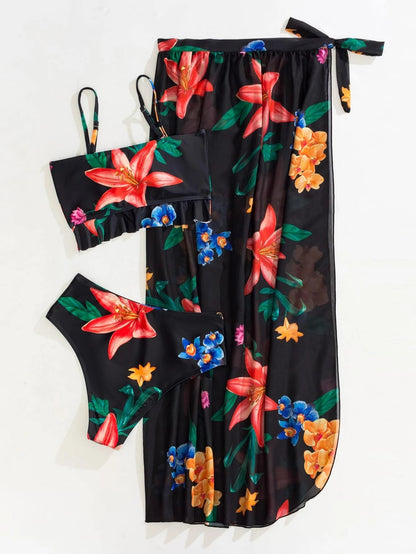 Floral Split Three Piece Bikini Set