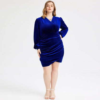 Robe fourreau bleue à col en V Robe Pleuche française élégante