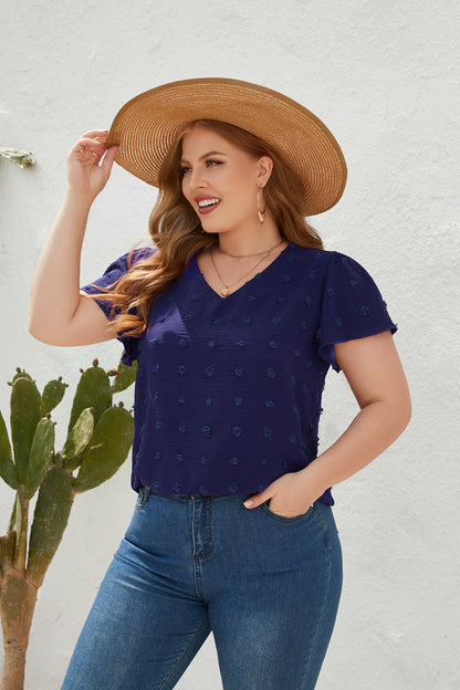V neck Fur Ball Short Sleeve Top