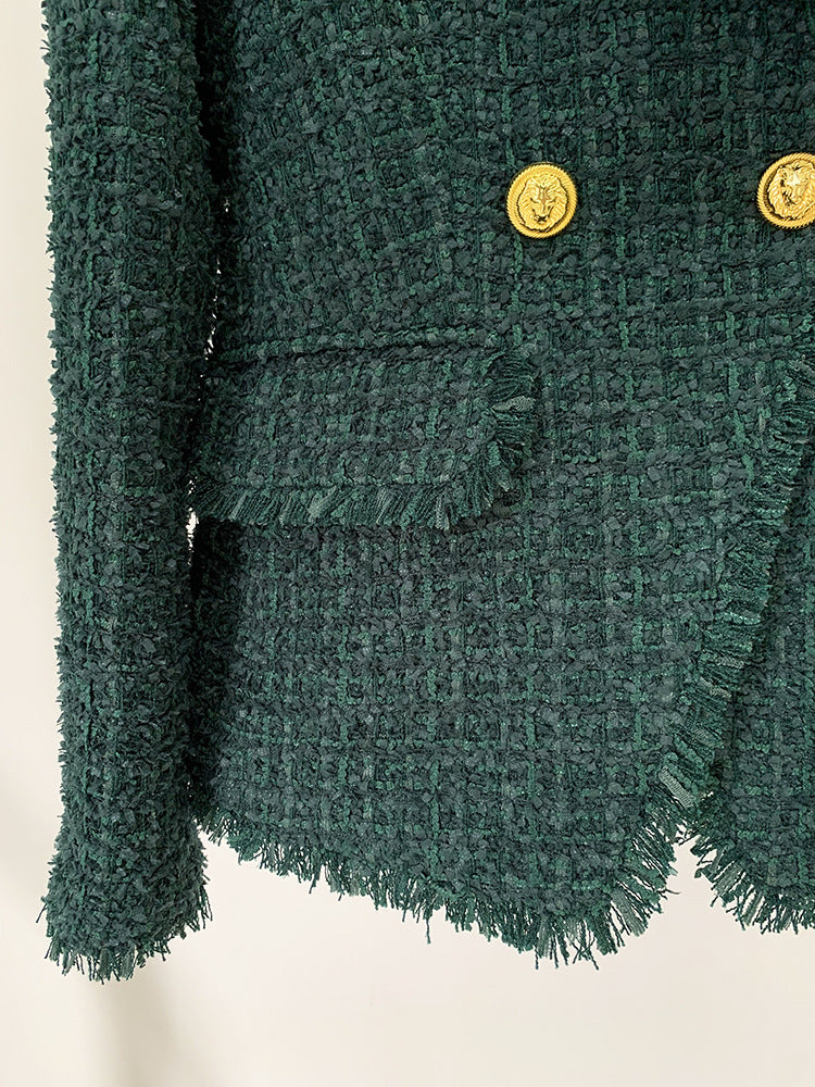 Dark Green Fringe Tweed Slim Fit Blazer