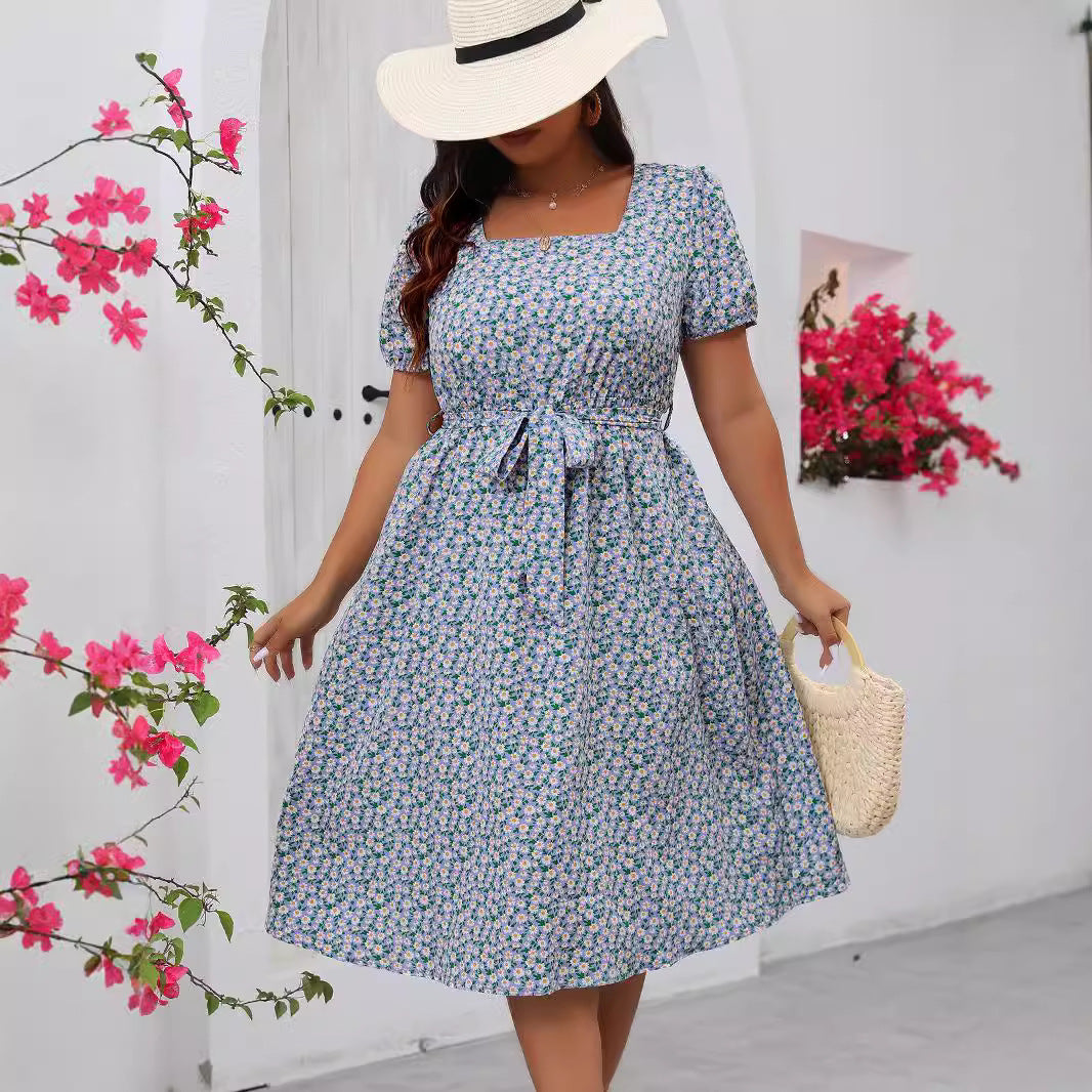 Blue Floral Square Neck Dress