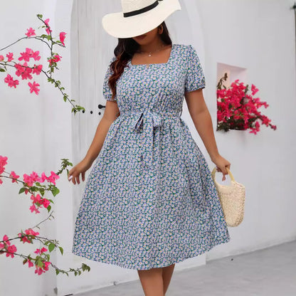 Blue Floral Square Neck Dress