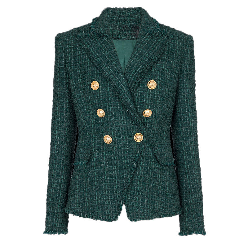 Dark Green Fringe Tweed Slim Fit Blazer