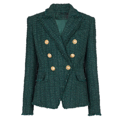 Dark Green Fringe Tweed Slim Fit Blazer