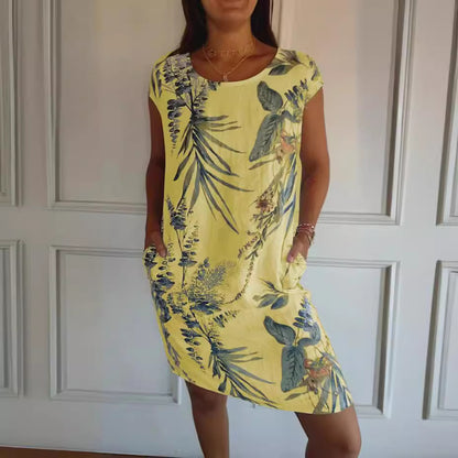 Cotton Linen Printed Dress w/ Pockets