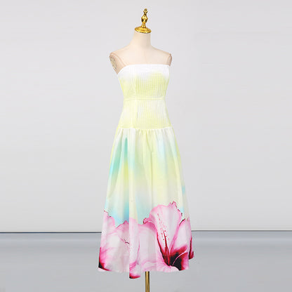 French Strapless Floral Print Pleated Dress