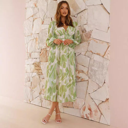 Chiffon Printed V-neck Floral Dress