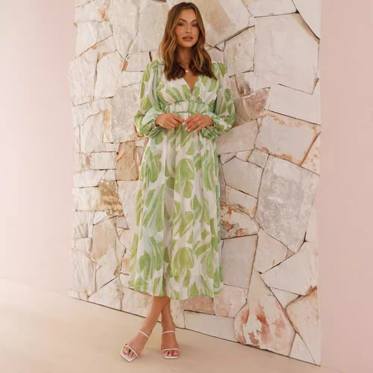 Chiffon Printed V-neck Floral Dress