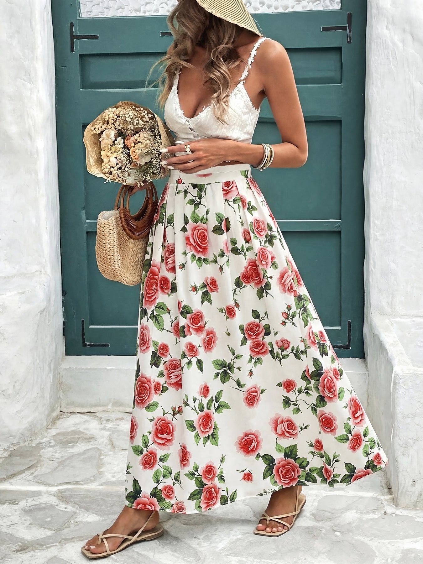 Rose Printed High Waist Skirt