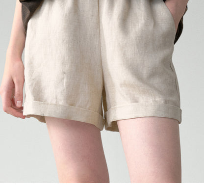 Pure Linen Elastic Waist Shorts