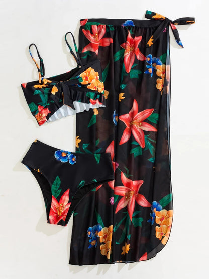Floral Split Three Piece Bikini Set