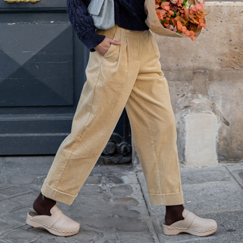 French Cotton Thick Corduroy Hemmed Straight Pants