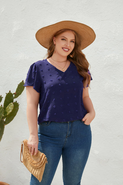 V neck Fur Ball Short Sleeve Top