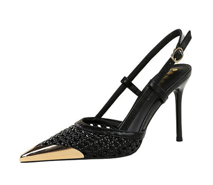Woven Metal Pointed Toe Strap Stilettos