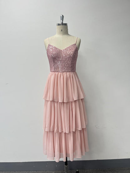 Pink Chiffon Stitching Sequined Three Layer Pleated Midi Dress Spring Summer Thin Strap Stitching Women Elegant Dress