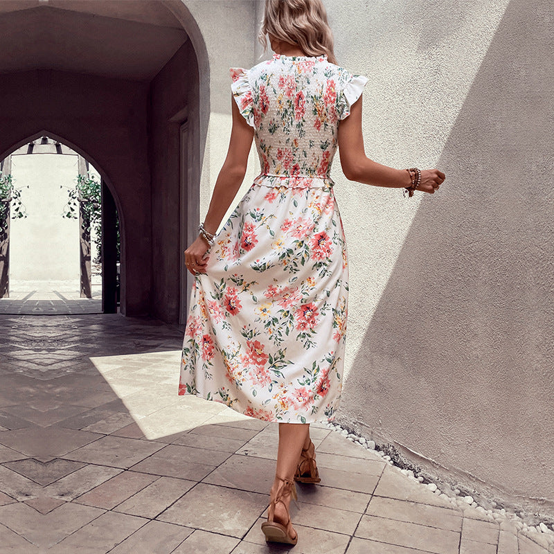 White Ruffled Sleeveless Printed Floral Dress