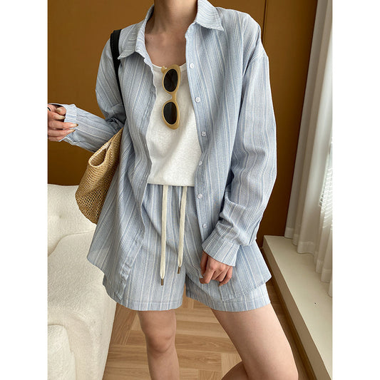 Texture Stripe Shirt & Shorts Set
