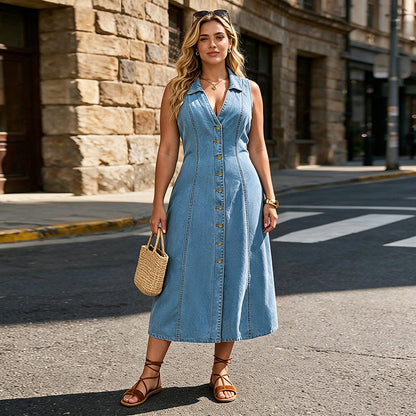 Collared Denim Midi Dress