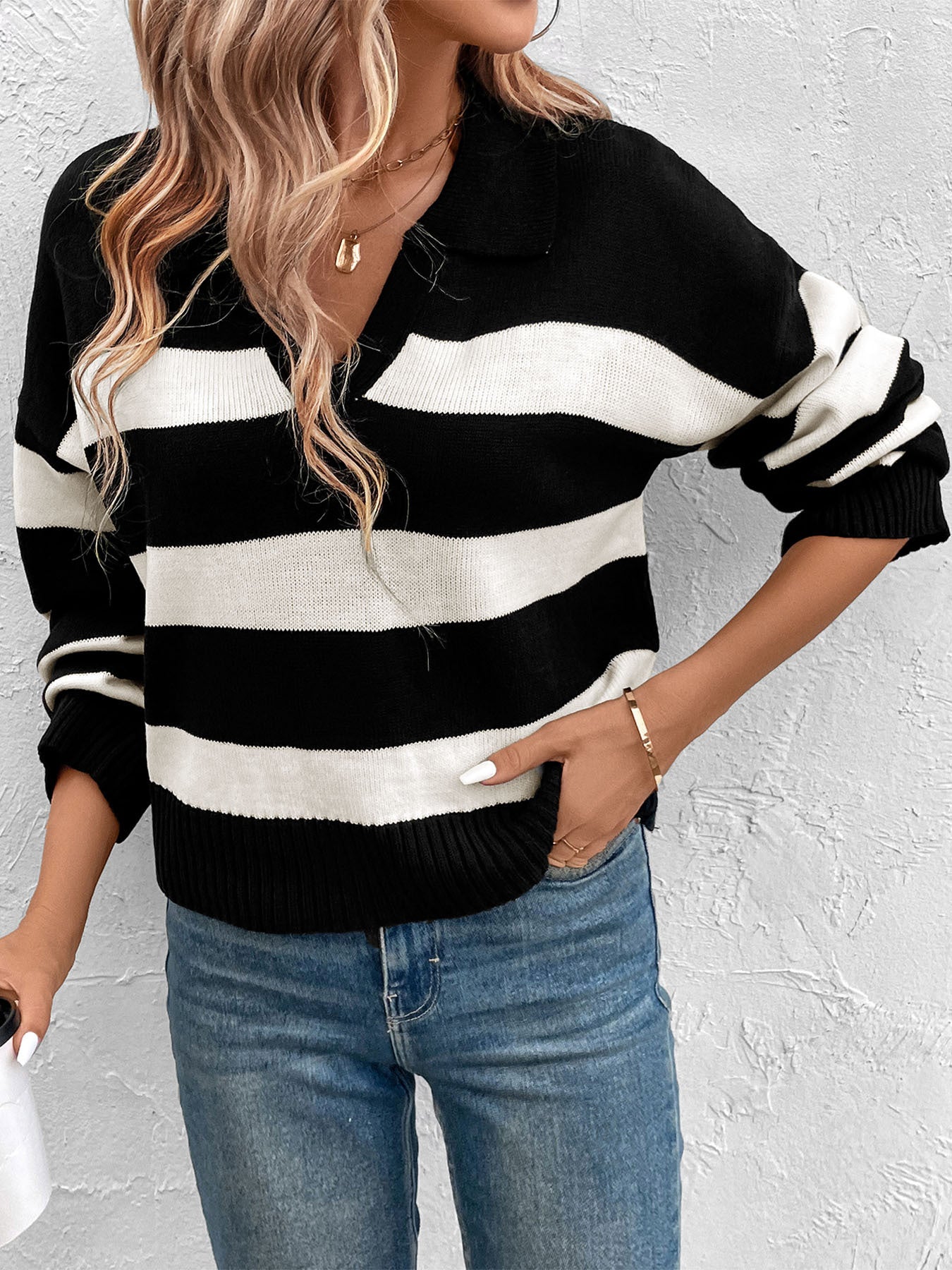 Black Striped Collared Knitwear