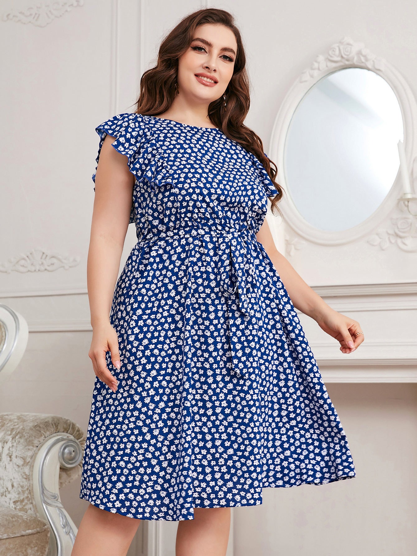 Blue Chiffon Floral Dress