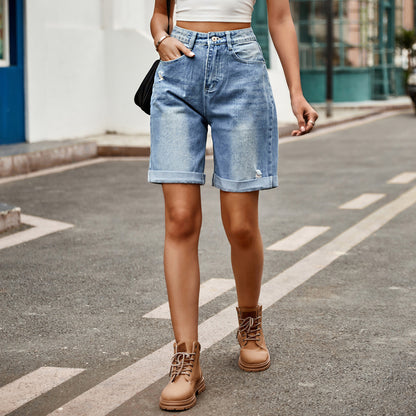 Loose Ripped Five Point Denim Shorts
