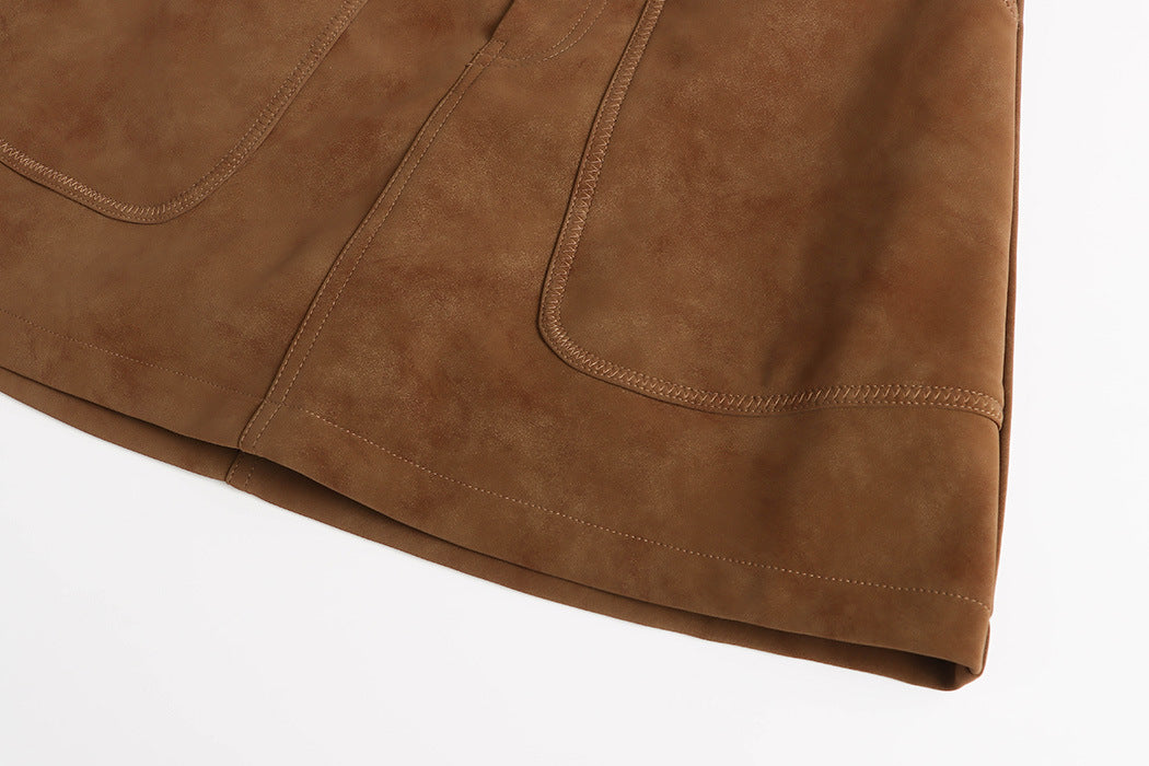 Faux Suede Large Pocket A-line Skirt