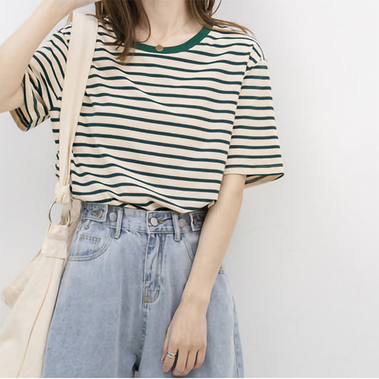 Basic Striped Cotton Short Sleeved T-shirt
