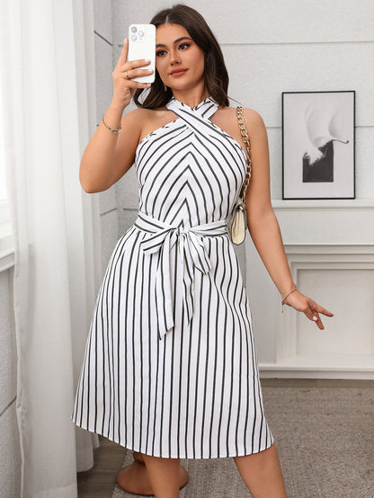 Black White Striped Halter Dress