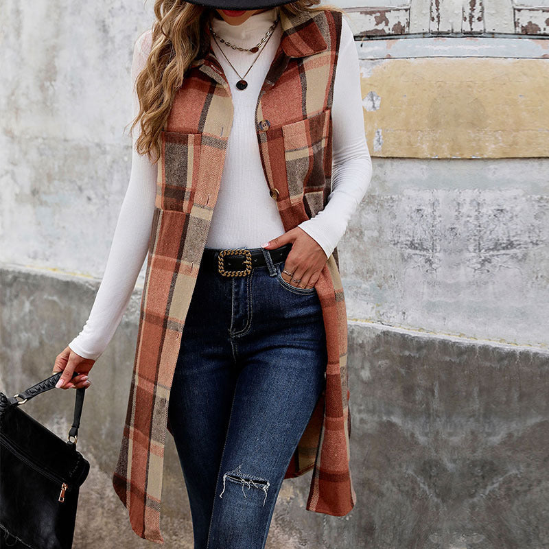 Sleeveless Collared Mid Length Plaid Vest