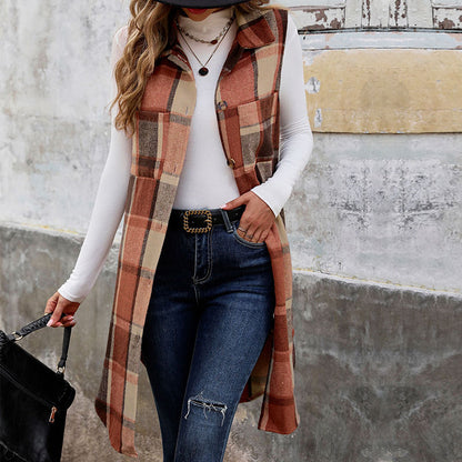 Sleeveless Collared Mid Length Plaid Vest