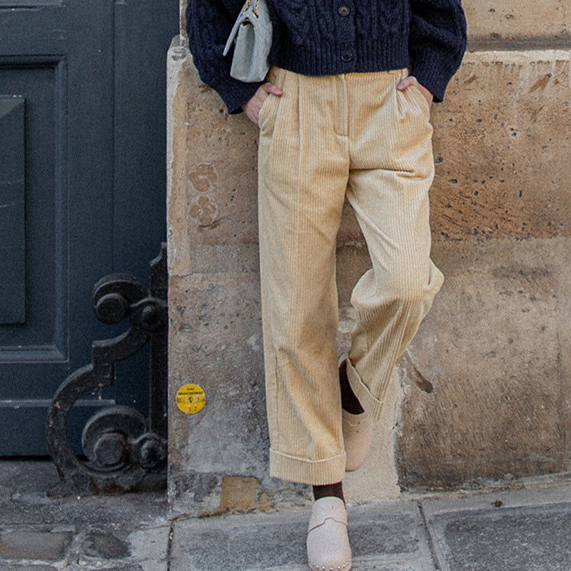 French Cotton Thick Corduroy Hemmed Straight Pants