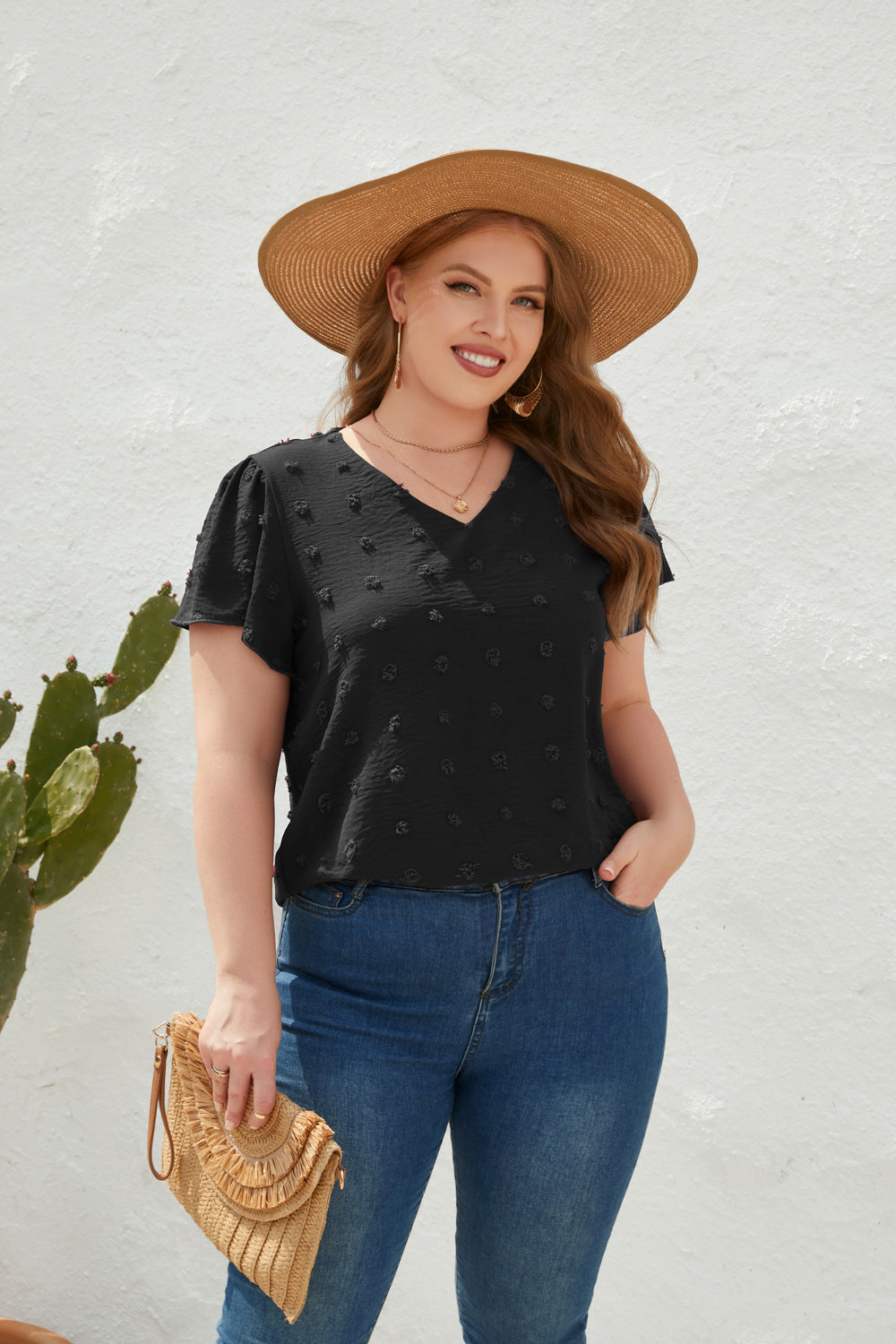 V neck Fur Ball Short Sleeve Top