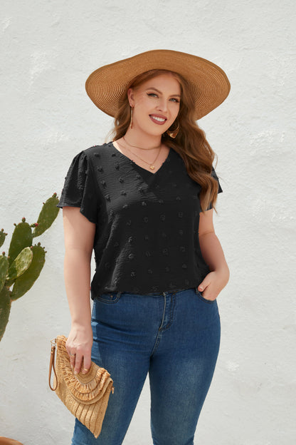 V neck Fur Ball Short Sleeve Top