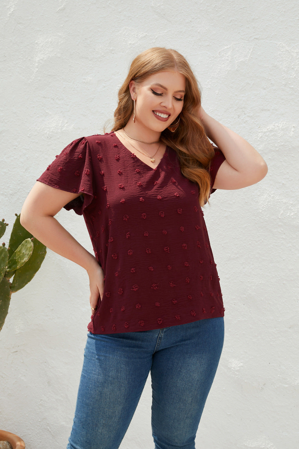 V neck Fur Ball Short Sleeve Top