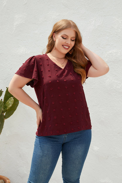 V neck Fur Ball Short Sleeve Top