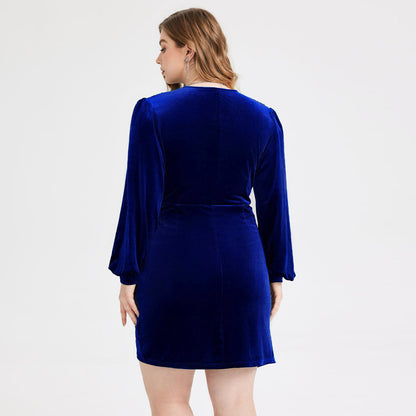 Robe fourreau bleue à col en V Robe Pleuche française élégante