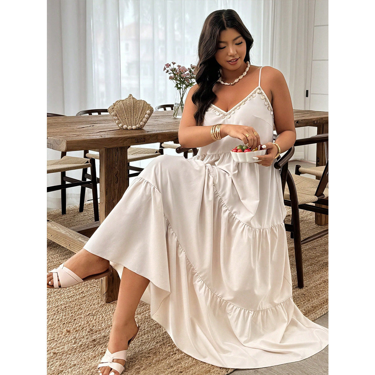 Khaki Tassel Trim Maxi Dress